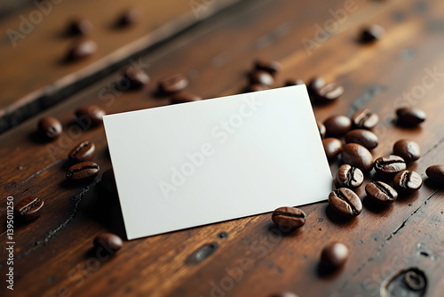Obraz na płótnie Elegant business card mockup with coffee beans on a wooden table for branding, promotion, advertisement, or marketing, and presenting creative ideas. w salonie