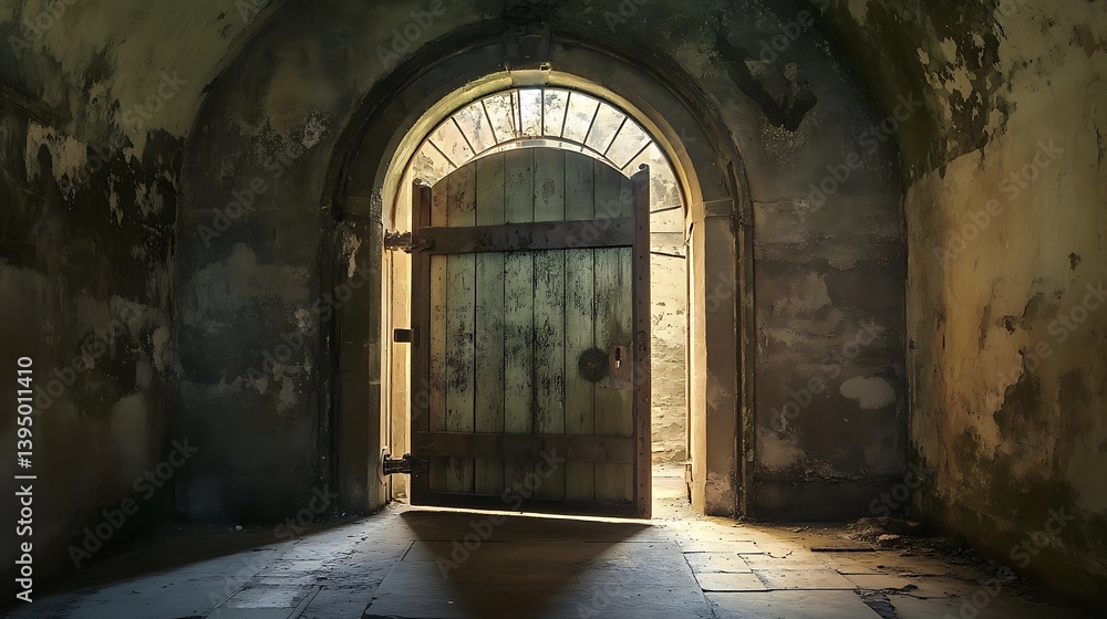 Obraz premium A Glimmer of Hope: Light Streaming Through an Ancient Doorway