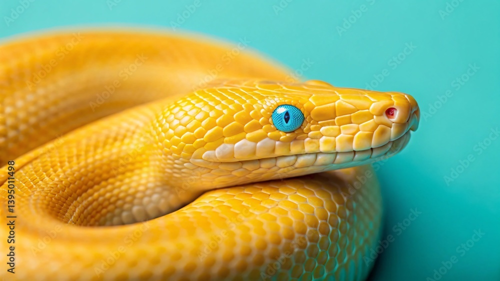 Naklejka premium Vibrant yellow snake with striking blue eyes on turquoise background. Created with Ai
