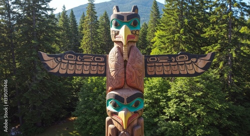 Detailed totem pole carvings nestled among the lush evergreen forest landscape