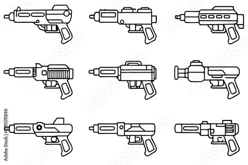 blaster line art hand drawn style sci fi weapon blueprint