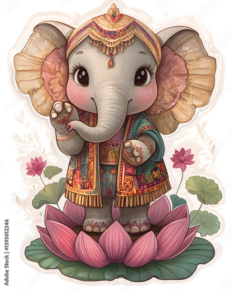 Obraz premium A delightful sticker of an Indian elephant with colorful painted patterns and raised trunk, drawn in soft pastel tones with flat colors, clean outline, bold lines, and white border for charm.