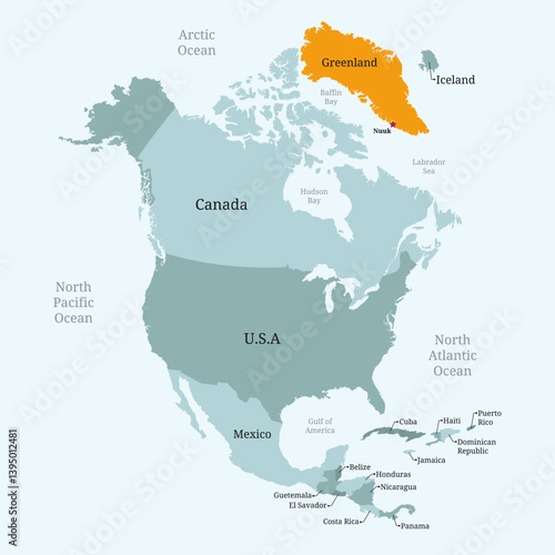 Greenland map located on a North America map with pointer or pin. Infographic map. Vector illustration isolated on white background.