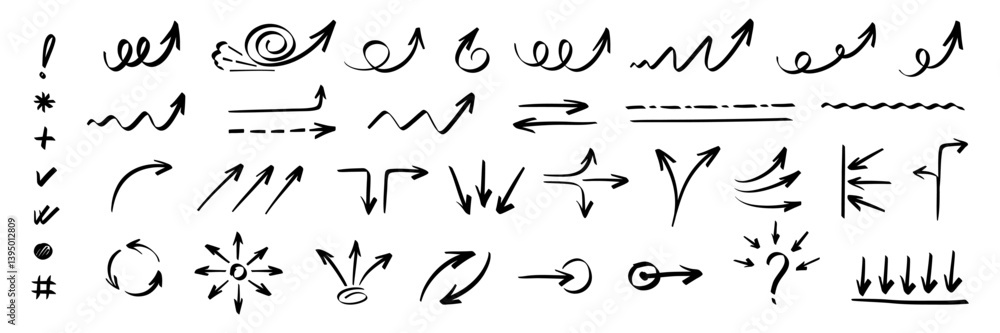 Hand drawn vector arrows set. Sketch with marker, brush or ink. Hand drawn vector arrows set. Sketch with marker, brush or ink.