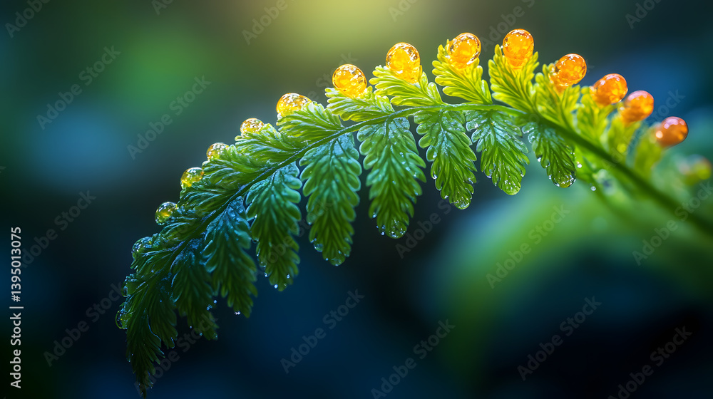 Photography of a delicate fern frond unfurling, its soft green tendrils illuminated by sunlight filtering through the garden canopy.