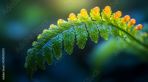 Obraz na płótnie Photography of a delicate fern frond unfurling, its soft green tendrils illuminated by sunlight filtering through the garden canopy. w salonie