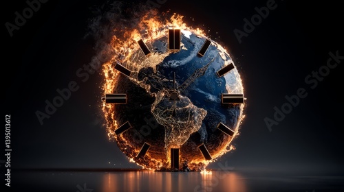 Conceptual visualization of global warming crisis symbolized by Earth combined with a clock, depicting urgency and environmental impact of climate change.