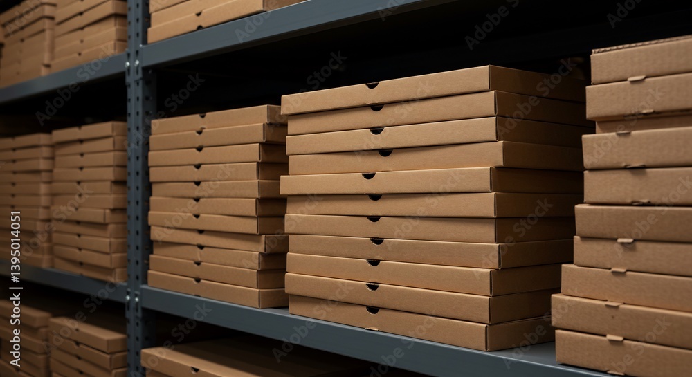 Neatly Stacked Cardboard Pizza Boxes Warehouse. AI Generated Neatly Stacked Cardboard Pizza Boxes Warehouse. AI Generated