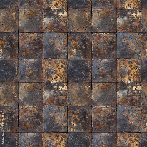 Rustic tile metal texture with rusty grunge brown steel old iron