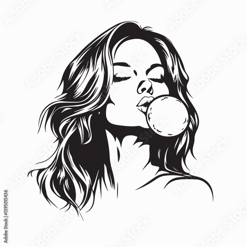 Woman Blowing Bubble Bubble Gum Image vector isolated on white background.