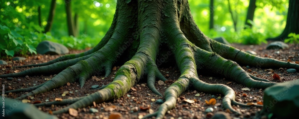 Tree roots spreading out from the base of a large trunk into a rocky soil, rock, scenery, organic Tree roots spreading out from the base of a large trunk into a rocky soil, rock, scenery, organic