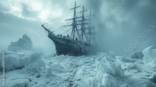 A frozen ancient ship amidst glaciers and mist captures a moment of solitude and endurance