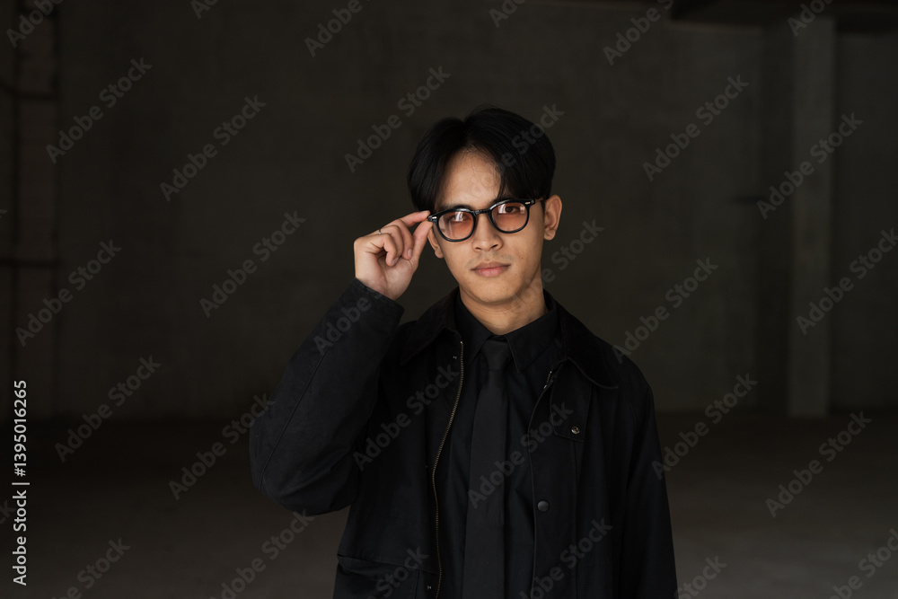 Obraz premium Brutalist style minimalist portrait of young Thai architect in industrial building area