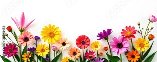 Colorful flower against a simple white backdrop, floral arrangement, colorful flowers, botanical art