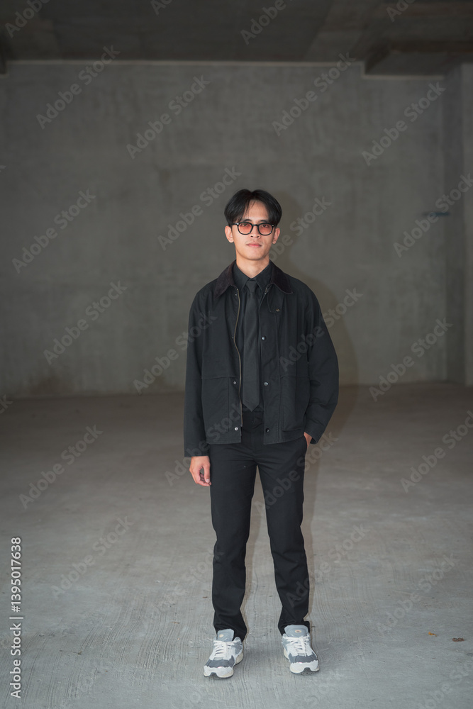 Brutalist style minimalist portrait of young Thai architect in industrial building area