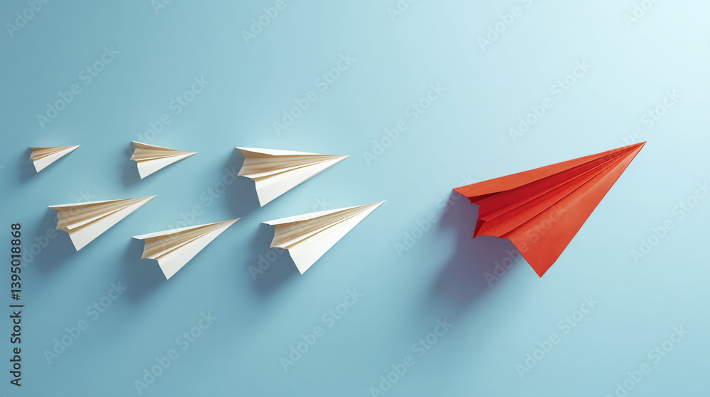 White and red paper airplanes on light-blue background, red airplane leading, symbolizing leadership, innovation, and breaking from the norm White and red paper airplanes on light-blue background, red airplane leading, symbolizing leadership, innovation, and breaking from the norm