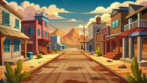 Abandoned Western town street with dusty road and wooden buildings in the late afternoon
