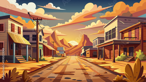 Abandoned Western town street with dusty road and wooden buildings in the late afternoon
