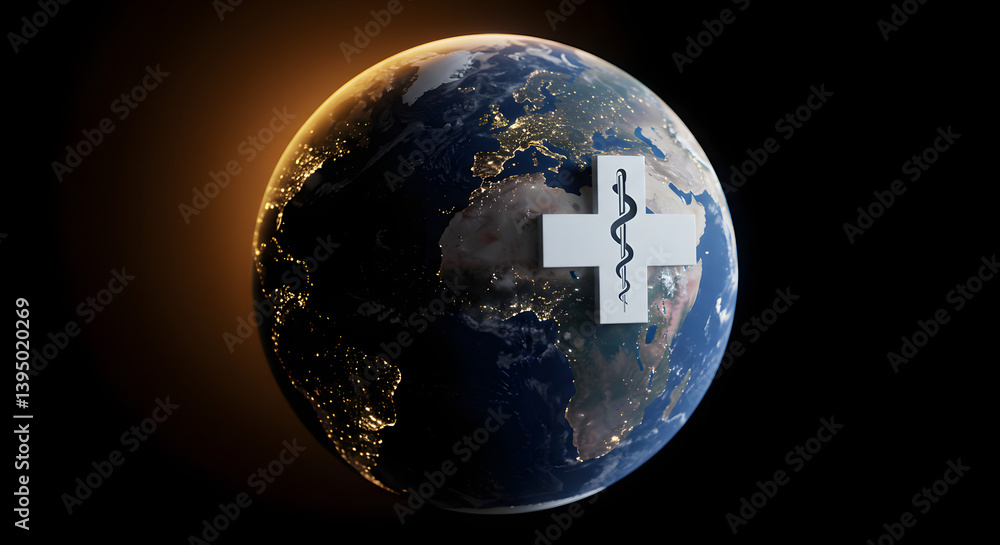Fototapeta premium Global Health Symbol on Planet Earth, blue, white, and gold, representing worldwide healthcareGlobal Health Symbol on Planet Earth, blue, white, and orange, representing worldwide healthcare