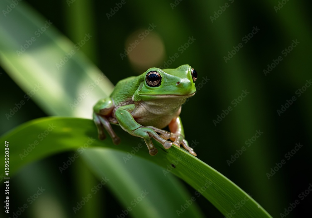 Vibrant Green Frog Perched on Leaf Soft Light. AI Generated Vibrant Green Frog Perched on Leaf Soft Light. AI Generated