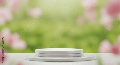 White tiered round podium display stand on surface against blurred green nature garden background with soft bokeh. Empty minimal stage for product showcase.