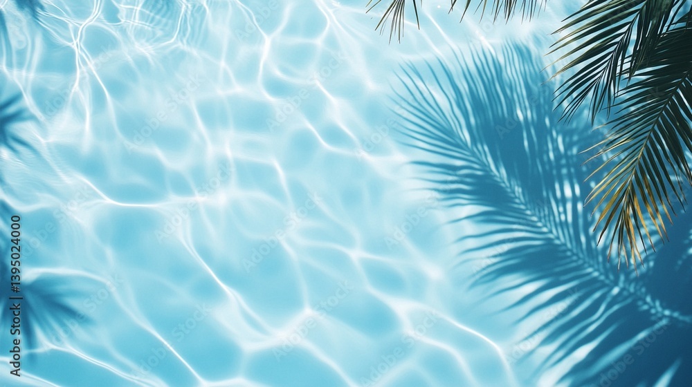 Tranquil turquoise swimming pool water with rippling surface and soft palm tree shadows creating a serene tropical summer relaxation scene