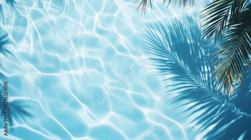 Obraz na płótnie Tranquil turquoise swimming pool water with rippling surface and soft palm tree shadows creating a serene tropical summer relaxation scene w salonie