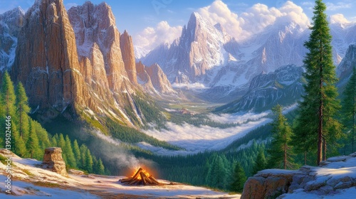 Majestic alpine valley scene with campfire