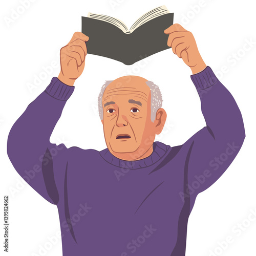 Elderly Man Reading Book in Purple Sweater Illustration