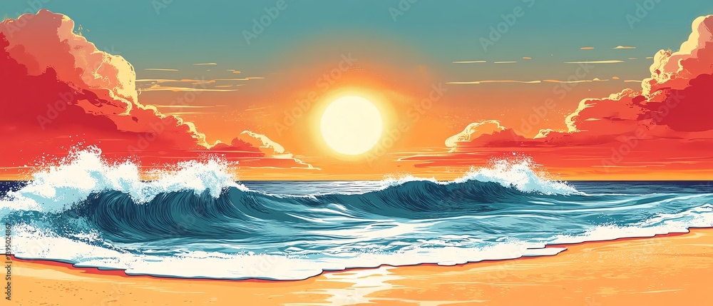 Fototapeta premium Pop artinspired beach scene, sun in the sky, stylized sea waves, retro comic style, colorful, highcontrast, playful mood