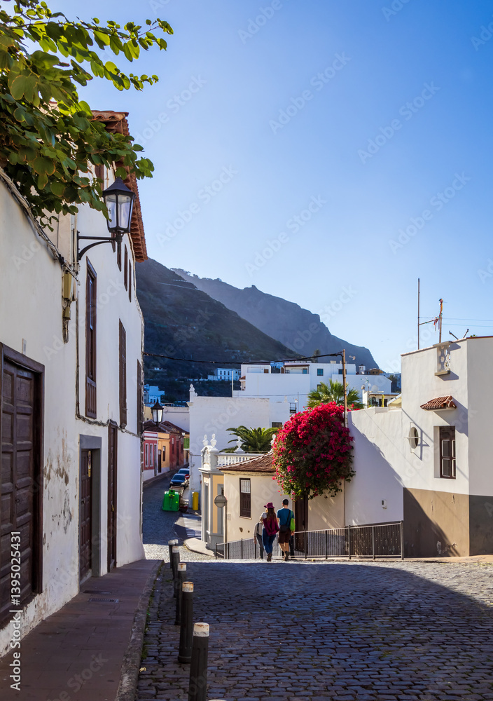 View of street in sunny day in in Garachico, Santa Cruz de Tenerife, Spain