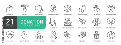 Set Of Donation Line Icons. Contains such icons as Donate, Sponsorship, Blood Donation, Education Grant, Disabled Aid,  Animal Care, Charity Benefit, Foster Care, and more.