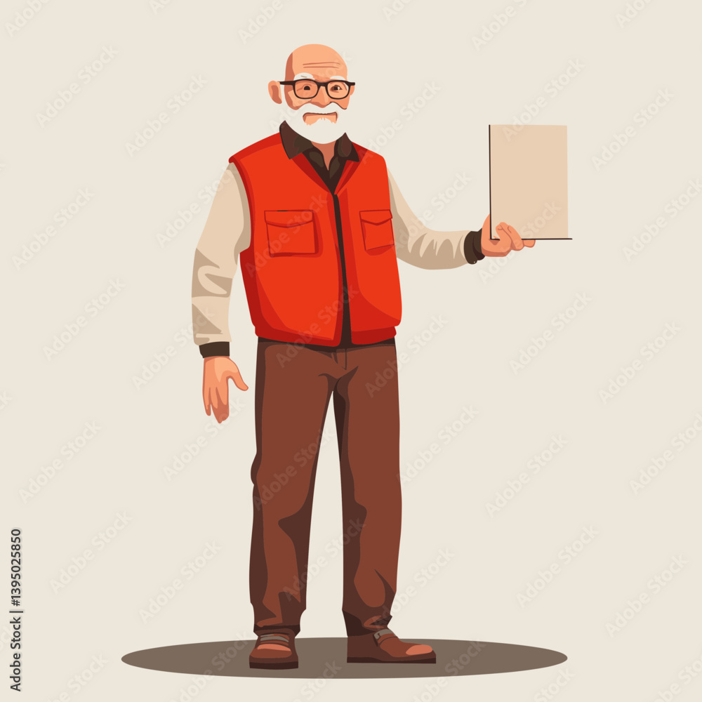 Smiling Senior Man in Red Vest Holding Blank Sign Smiling Senior Man in Red Vest Holding Blank Sign