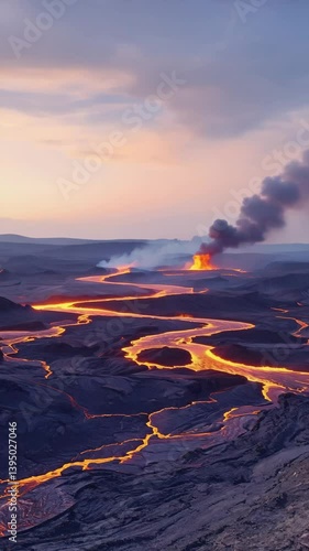Slow panning shot capturing molten rivulets flowing through jagged terrain, each lava channel pulsing with intense glow against black obsidian plains, culminating in a grand eruption framed by a dark,