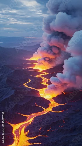 Slow panning shot capturing molten rivulets flowing through jagged terrain, each lava channel pulsing with intense glow against black obsidian plains, culminating in a grand eruption framed by a dark,