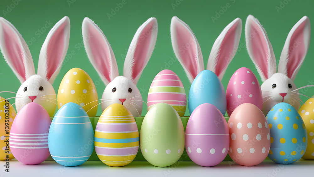 Easter Bunny and Decorated Eggs: A festive tableau featuring Easter bunnies with long, elegant ears alongside a colorful array of beautifully decorated eggs, perfectly captures the spirit of Easter. Easter Bunny and Decorated Eggs: A festive tableau featuring Easter bunnies with long, elegant ears alongside a colorful array of beautifully decorated eggs, perfectly captures the spirit of Easter.