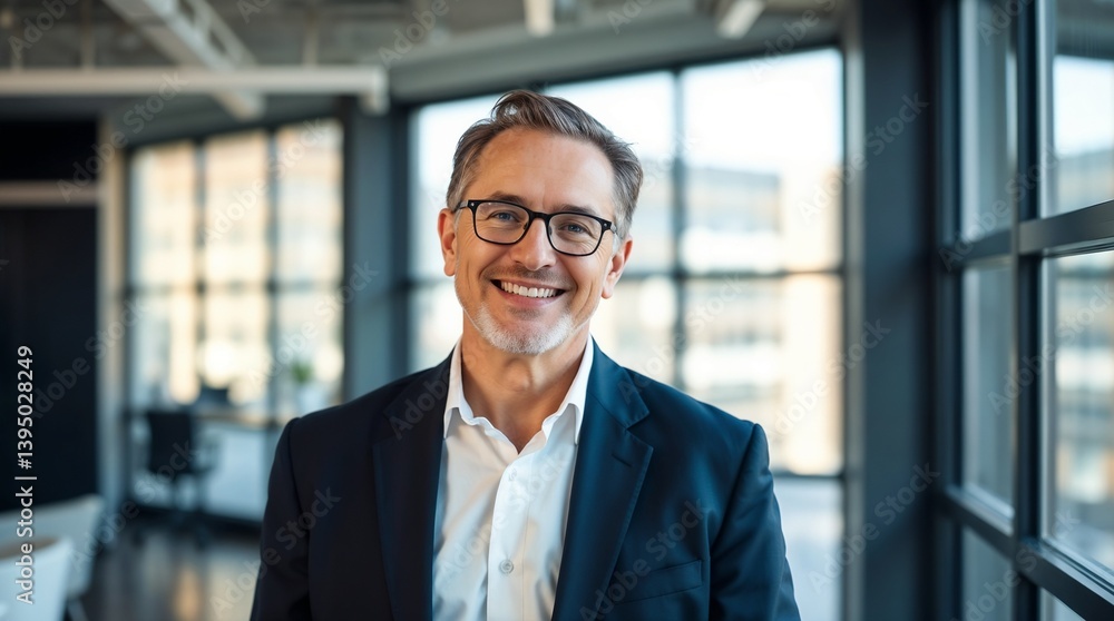 Middle aged professional business man with glasses wearing white shirt and suit smiling standing in office
