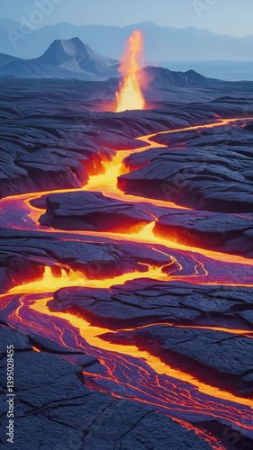 Slow panning shot capturing molten rivulets flowing through jagged terrain, each lava channel pulsing with intense glow against black obsidian plains, culminating in a grand eruption framed by a dark,