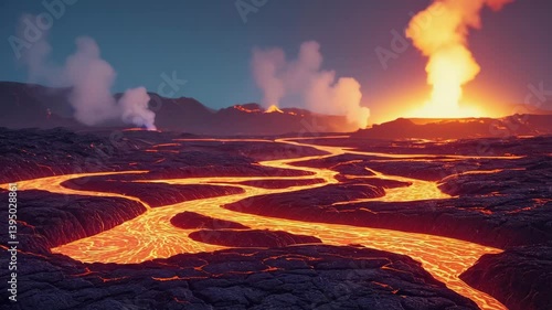 Slow panning shot capturing molten rivulets flowing through jagged terrain, each lava channel pulsing with intense glow against black obsidian plains, culminating in a grand eruption framed by a dark,