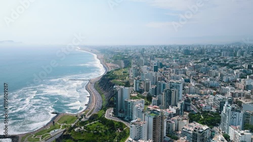 Daytime Aerial View of Miraflores District in Lima, Peru – Drone Footage of Urban Cityscape and Pacific Coast