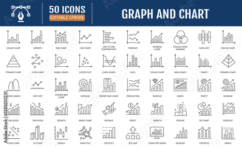 Obraz na płótnie Graph and Chart icon set. Includes Graph, Chart, Data Visualization, Bar chart, Line graph, Pie chart, Histogram, Scatter Plot and more. Vector Illustration