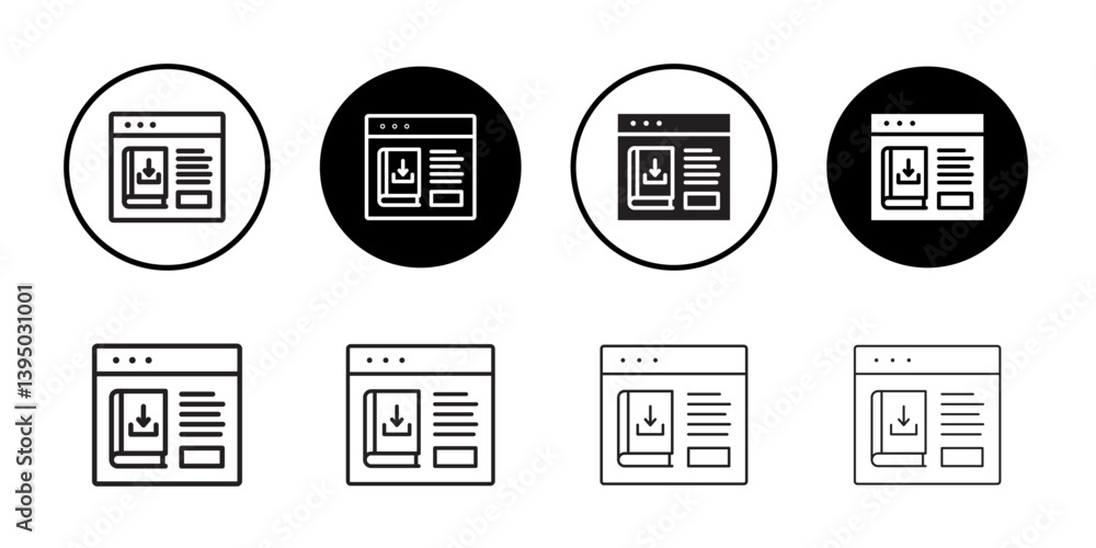 E book download icon outline collection or set in black and white E book download icon outline collection or set in black and white