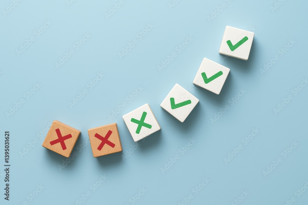 Obraz premium Checkmarks and Cross Marks on a Soft Blue Background Representing Decisions, Choices, and Assessments in a Visual Design