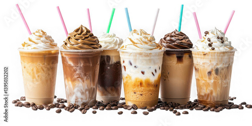 Assortment of Six Iced Coffee Drinks with Whipped Cream and Straws on White Background