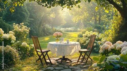 A tranquil morning tea party in a sun-drenched garden, surrounded by blooming hydrangeas and soft golden light.
