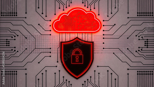 Secure cloud storage with glowing shield and circuit patterns represents modern technology and data protection