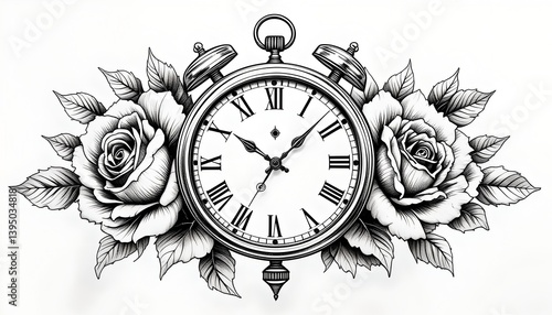 Black and white tattoo of vintage clock with Roman numerals, detailed roses, and elegant monochrome style.