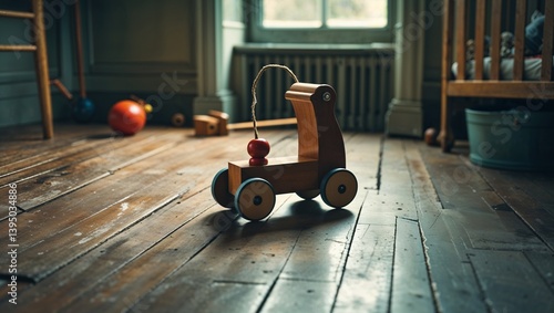 Vintage wooden baby walker in brown tones representing childhood memories
