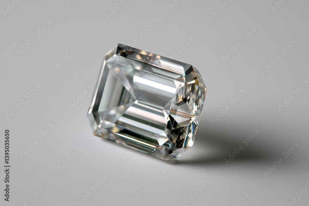 Clear emerald-cut gemstone displayed on gray background, showcasing brilliance and facets, symbolizing luxury, elegance, and preciousness Clear emerald-cut gemstone displayed on gray background, showcasing brilliance and facets, symbolizing luxury, elegance, and preciousness