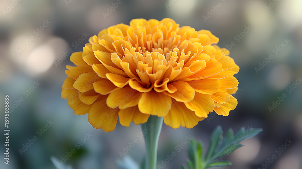 A macro photography of a bright orange marigold flower, highlighting the intricate folds and textures of its petals as they bask in the sunlight.